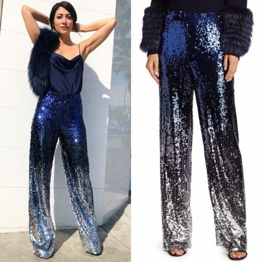 Alice + Oliva Elba Ombre Sequin Azure Multi Straight Wide Leg Pants Size S